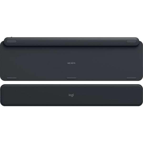 Logitech MX Keys Plus wireless keyboard with backlighting and palm rest - back view image