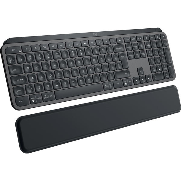 Logitech MX Keys Plus advanced wireless illuminated keyboard with palm rest - tilted view image