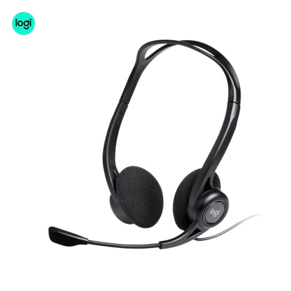 Black Logitech H370 USB headset with adjustable noise-cancelling mic, ideal for calls