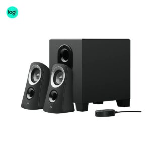 Left side image of Logitech Z313 speakers and subwoofer set, charcoal audio system