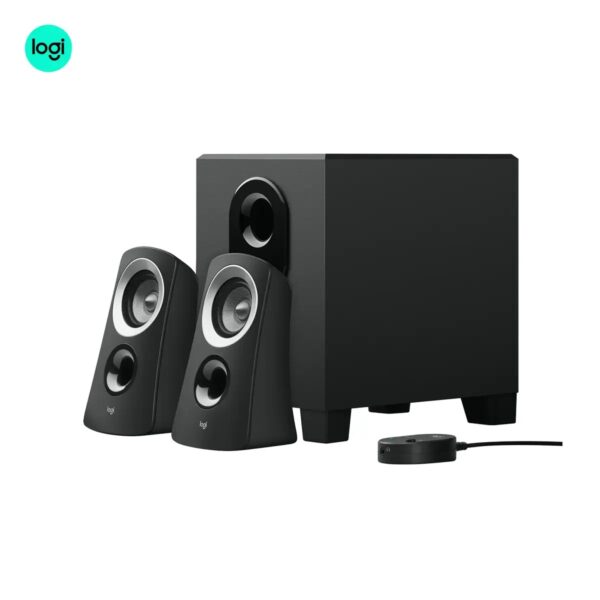Left side image of Logitech Z313 speakers and subwoofer set, charcoal audio system