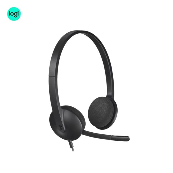 Black-grey Logitech H340 headset, adjustable mic, USB wired, noise-reducing