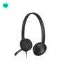 Black-grey Logitech H340 wired headset with adjustable boom mic and noise-cancelling feature