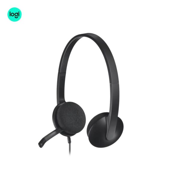 Black-grey Logitech H340 wired headset with adjustable boom mic and noise-cancelling feature
