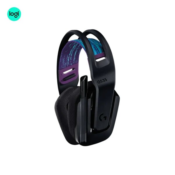 Logitech G535 wireless gaming headset, black, foldable design, ergonomic fit, zoomed-in, LIGHTSPEED