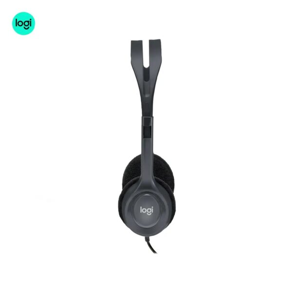 side view of Logitech H111 stereo headset, 3.5mm connection, lightweight design.