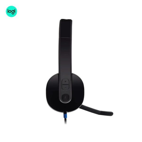 Right side image of Logitech H540 USB headset, black, with adjustable microphone for clear audio