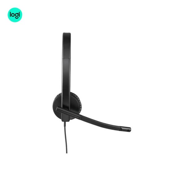 Right side view of Logitech H570e UC headset, black, stereo audio, adjustable mic, controller for calls
