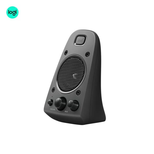 left side view Z625 Logitech 2.1 THX speaker system with subwoofer and optical input, dark charcoal