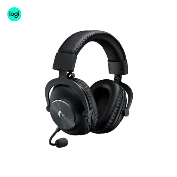 Logitech G PRO X wired gaming headset right side image in black color, detachable mic with blue voice