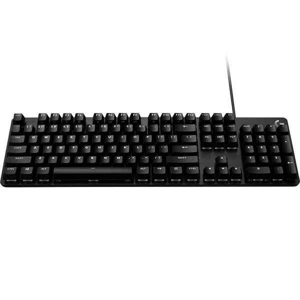 Logitech G413 SE gaming keyboard on a desk with red backlit keys in Black color