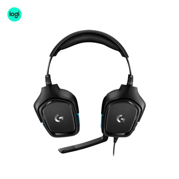 Front view of Logitech G431 wired gaming headset, black, immersive 7.1 audio