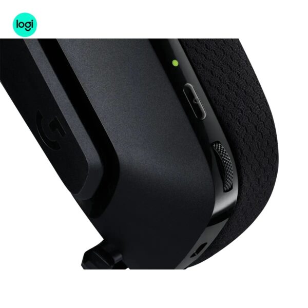 Close-up image of Logitech G535 black wireless headset, ergonomic and lightweight, with LIGHTSPEED connectivity