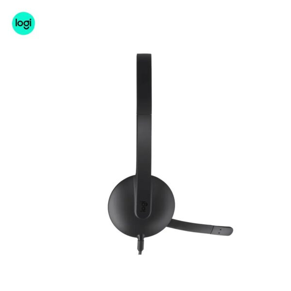 side image of Logitech H340 USB headset with noise-cancelling mic, black-grey, digital audio