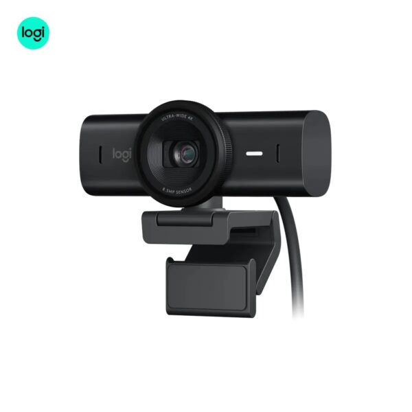 Detailed 3/4 front-left view of Logitech MX BRIO 4K webcam, black, high-resolution